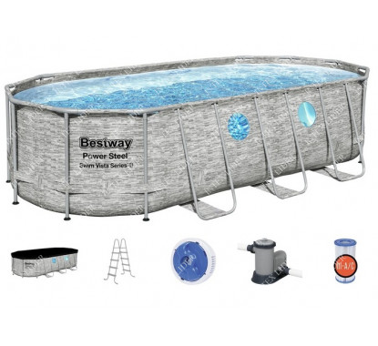 56716 Каркасный бассейн Bestway Power Steel Delux — Камень (овал) 5,49х2,74х1,22м+фильтр-насос картр. 5678 л/ч